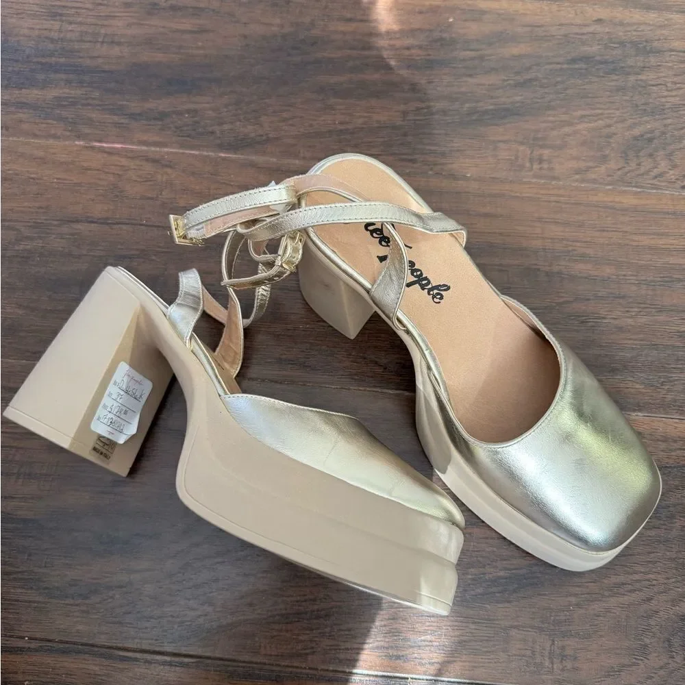 Free People Double Stack Platform Mary Janes GOLD 37